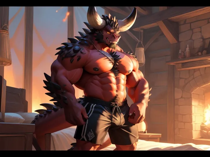 ((No,  pumped male demon looking like a hairy dragon and yellow eyes dawns with the  ( red skin ) e um corpo humanóide com feições feias que mostra sua força  Intimidating Executioner a cheia de luxúria e malícia mostrando sua língua preta e dentes afiados...