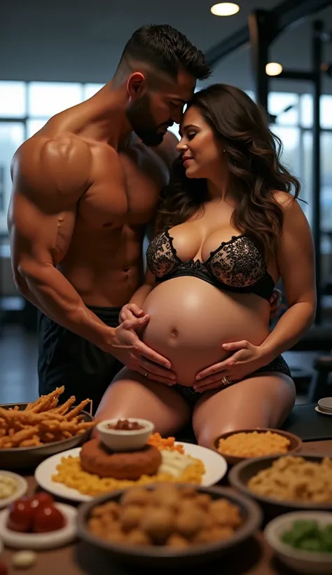 big belly pregnant in sexy lingerie eating so much food on bench,tall muscular supportive partner rubbing her big belly and lovemaking with her,background gym