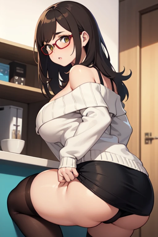 ((best quality)), (( masterpiece )), (detailed), 1girl,  off-shoulder sweater , ANIME WOMAN, long brown hair,,  bronzed , round glasses Leer , athletic body dressed in a mini skirt top and stockings and big boobs in position lifting the big butt.