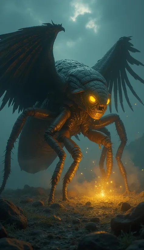 A giant cockroach emerges from underground with its gigantic body and lights up the night with yellow lights. It instills fear with every step it takes with its huge, armored shield and fast, squirming movements. On the other hand, a giant hawk descends wi...