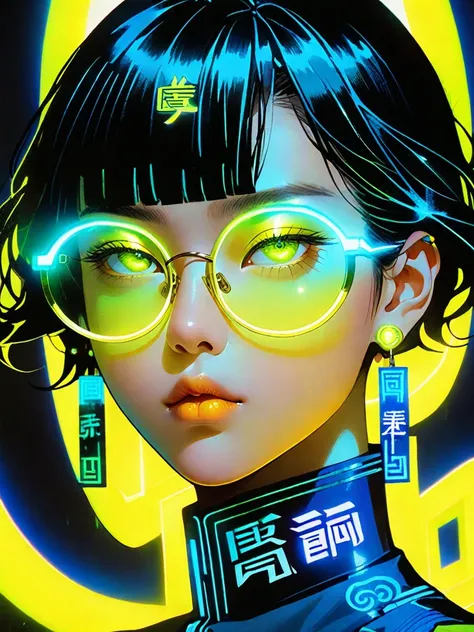 The image shows an  ** very close up **  of a young woman illuminated by  **electric blues**,  tones with circular glasses that reflect Chinese characters  **neon yellow **.  On her skin there are luminous glyphs that merge with light ,  evoking a futurist...