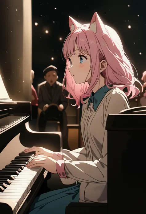  three people are wearing cat hats,  one person is playing the piano , One person is singing ,  one person is playing drums 、 pink haired girl、 blue eyes、 twin drill、 a scene from the movie 