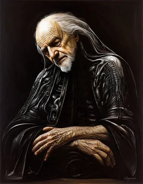 old man; h.r. giger ilustration; caravaggio painting
