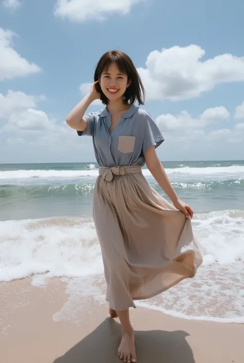   low angle shot  、  forward leaning position、  open shirt  、No underwear clothes  、  skirt flips in strong wind、  one girl 、barefoot、  beach  、smile