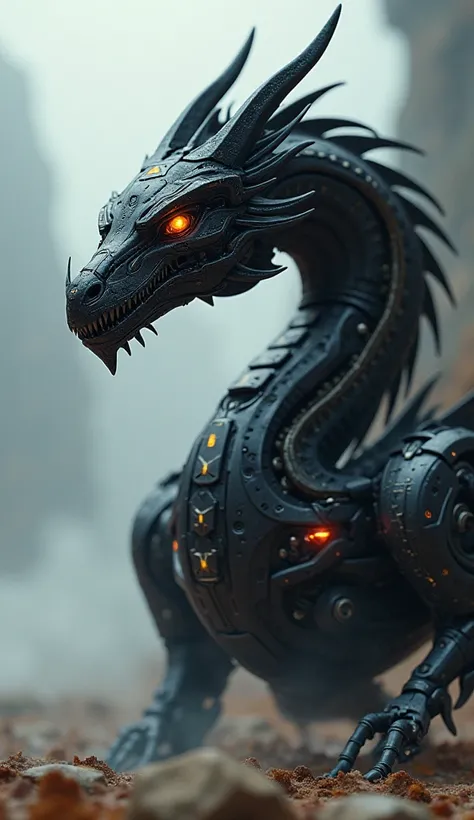 A black female Dragon robot with red and amber eyes