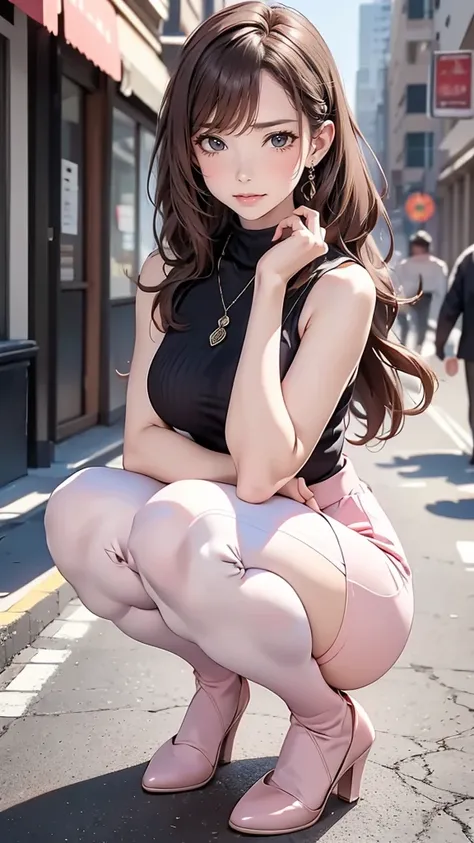 (Pale pink turtleneck sleeveless knit)、pencil skirts、20 year old girl, breasts of medium size,, Tron bulge in the chest、Pinch your chest with your arms、brown haired、Long Wave Hair,in the city street, a necklace、Earring、knee high stockings、high-heels ((Very...