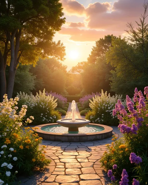 A peaceful and uplifting scene symbolizing Alhamdulillah (All praise is due to Allah). The scene takes place in a lush, tranquil garden during the golden hour of sunset. The soft, warm light filters through the trees, casting long shadows and illuminating ...