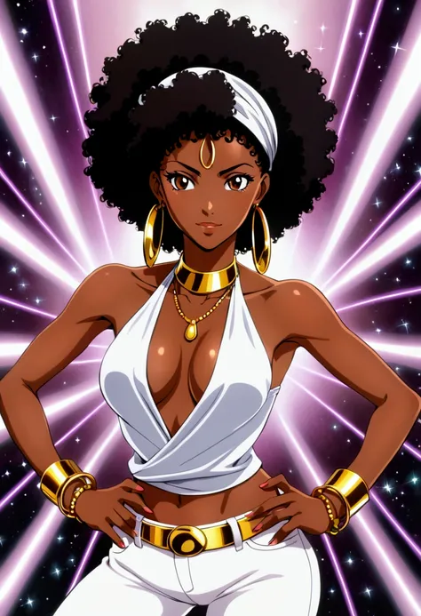 one woman, full body, black woman from an 90s anime, 90s anime fog, static like from an 90s anime, 1990s (style), short afro hair, black afro, curly black hair, serious smile, mouth closed, mysterious, brown skin, action anime, bandana headband, disco outf...