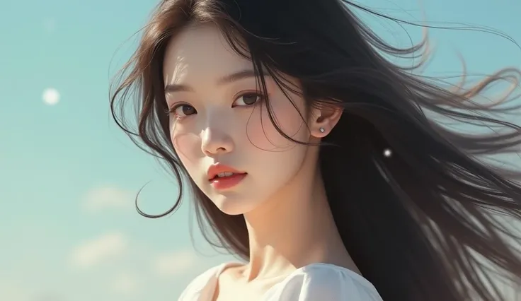  a close up of a woman with long hair wearing a white dress, an image inspired by Yanjun Cheng , tumblr, realism, maquiagem sul-Korean popular, mulher sul-Korean bonita, maquiagem Korean popular,  Korean, mulher Korean jovem e bonita, ulzzang, linda mulher...