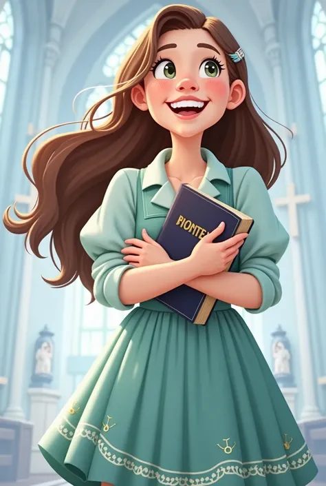 Church girl with bible, happy at the church. Cartoon