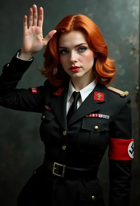 amouranth, red-haired Girl from the Third Reich, raises her hand, Nazi salute, Nazi uniform