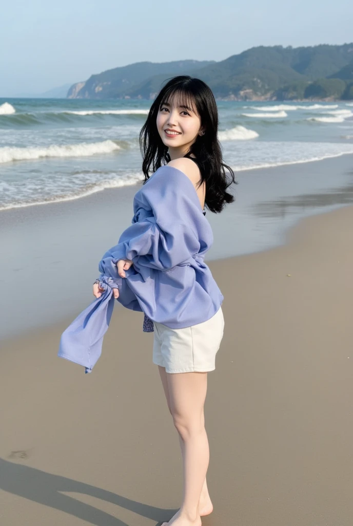   low angle shot  、  forward leaning position、  open shirt  、No underwear clothes  、  skirt flips in strong wind、  one girl 、barefoot、  beach  、smile