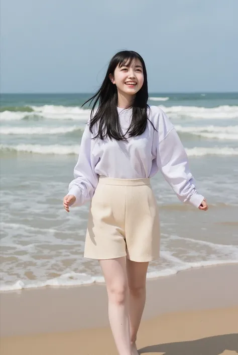   low angle shot  、  forward leaning position、  open shirt  、No underwear clothes  、  skirt flips in strong wind、  one girl 、barefoot、  beach  、smile