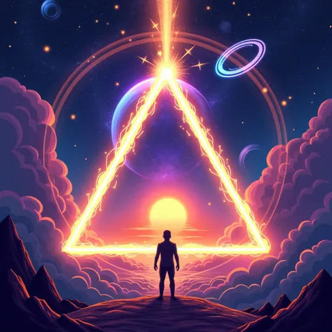 Create a bold, high-quality cartoon-style cosmic illustration using only the colors purple (#6A0DAD), neon blue (#00FFFF), golden orange (#FFA500), and black (#000000). Focus on a futuristic and mystical atmosphere with enhanced details, depth, and vibranc...