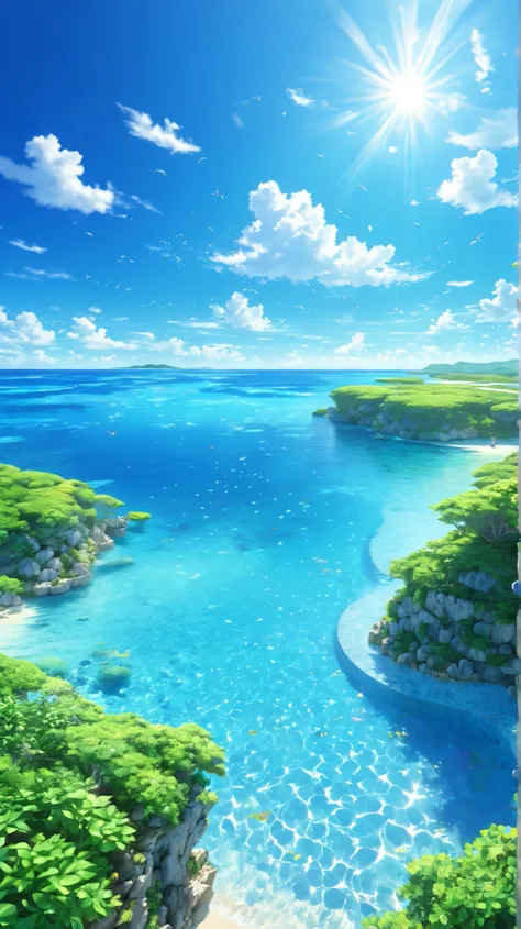 landscape, summer, blue sky, okinawa, private ocean滩, ocean湾, ocean, unmanned, ocean滩, nobody, warm weather, sun, HD details, ultra-detailed, , surrealism, soft light, Deep Focus Bokeh, ray tracing, Gwise on pixiv art site, 新ocean誠, Art sprouts