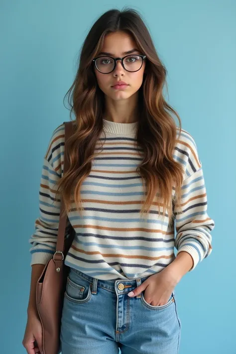 Hyperrealistic 3*4 photograph of a young woman on a light blue school photo background. Dark brown eyes, long wavy light brown hair, green eyes, thin glasses, washed striped sweater, baggy jeans, converse, tote bag. Worried expression 