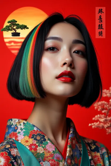 (japanese Geisha woman), wearing dark red lipstick, Her hair styled in a sleek, shoulder-length bob with a dramatic gradient of colors, transitioning from black at the roots to a vivid rainbow of hues at the ends, including shades of red, orange, yellow, g...