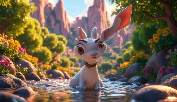 A Disney-style 3D POV animation scene ,  showing a white rabbit on the bank of a river .  The rabbit has wide eyes and a panicked expression ,  with raised ears ,  as it screams in fright when looking at the rivers current. The surrounding forest is vibran...