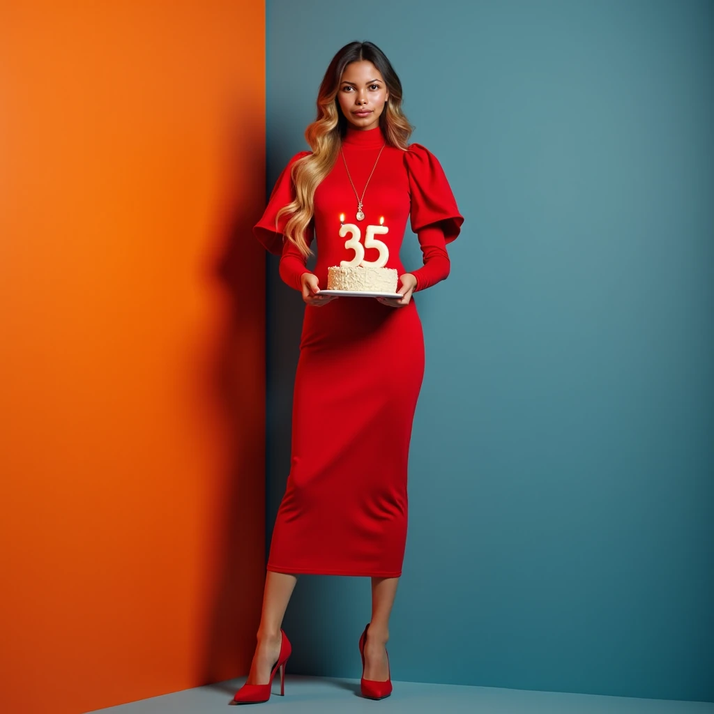 portrait, realistic slim model selfie photo posing front-on in orange and blue minimalistic environment, bright studio lights highlighting her elegant posture as she wears elegant red high-neck midi dress with puff sleeves, wearing red escavan shoes, long ...