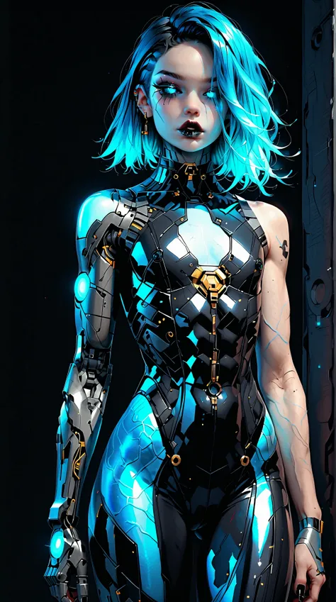 (nsfw:1), (Uncensored:1), score_9, score_8_up, score_7_up, (full body Shot), (1 girl), (asian), beautiful teenage (skinny) muscular goth cyborg girl, (full Cybernetic bodysuit:1.5), (black sclera:1.5), (blue glowing eyes:1.5), (blue glowing body veins:1.5)...