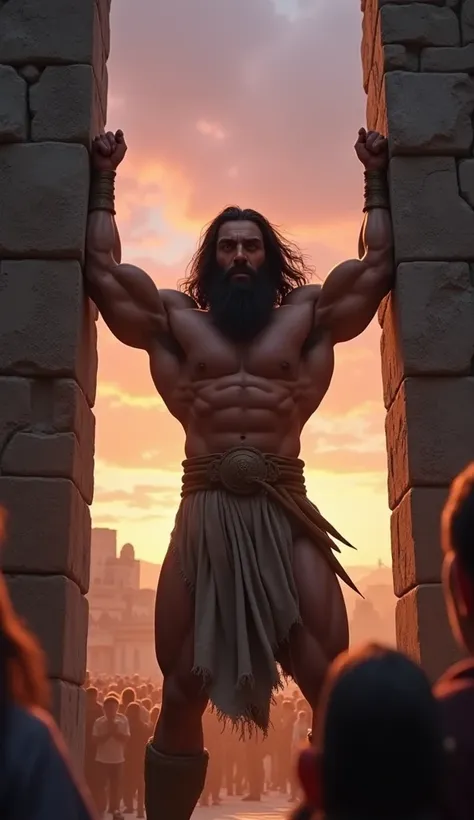 A muscular man with olive skin, long dark hair flowing as he lifts the massive gates of a city. His face is intense, his dark brown eyes reflecting determination. The backdrop is a stone city under a twilight sky, with a crowd of astonished onlookers. Foto...