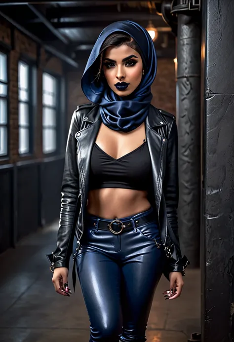 in the style of Charlie Bowater , vampire, young woman headscarf in dark blue, black lip, slightly arabic skin tone, dark eyes, leather jacket over a black tight bandeau top, leather pants, combat knife, bracelet of a scarf, in a loft, big boobs