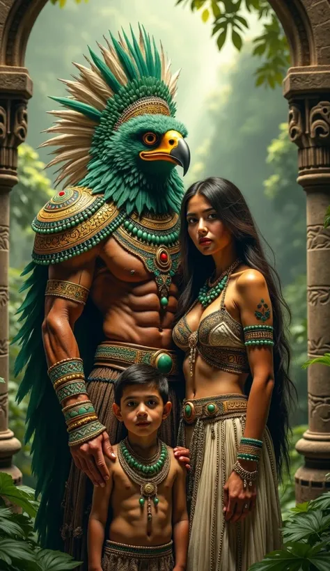 A family portrait in a pre-Hispanic Aztec setting, featuring a father, mother, and son. The father is a full quetzal Warrior, with the body of a human and the head and wings of a majestic quetzal, wearing elaborate traditional Aztec armor decorated with vi...