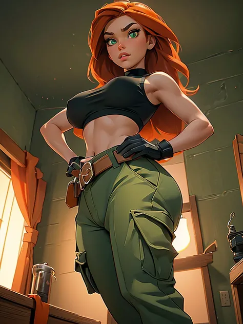 Masterpiece, raw, beautiful art, professional artist, 8k, very detailed face, very detailed hair, 1girl, Kim Possible, wearing (Orange-red hair, green eyes, confident expression, black crop top, black gloves, brown belt, green cargo pants:1.1), cameltoe, s...