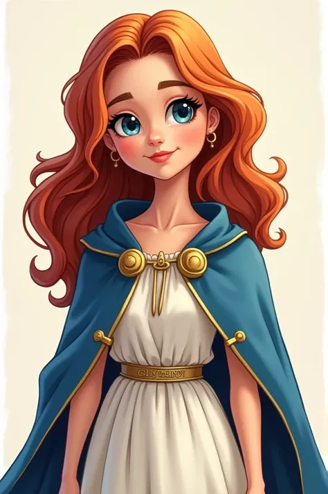 cartoon of a virgin ,  with reddish and wavy hair ,  on her clothes the colors France blue as a cape, and a white dress,  the cape with golden details  