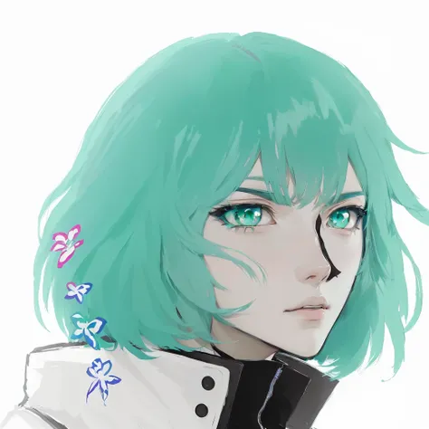 anime boy with green hair and blue eyes in a white shirt, anime boy with teal hair, nagito komaeda, koyoharu gotouge, anime style portrait, inspired by Rei Kamoi, made with anime painter studio, inspired by Taiyō Matsumoto, inspired by Okumura Masanobu, su...