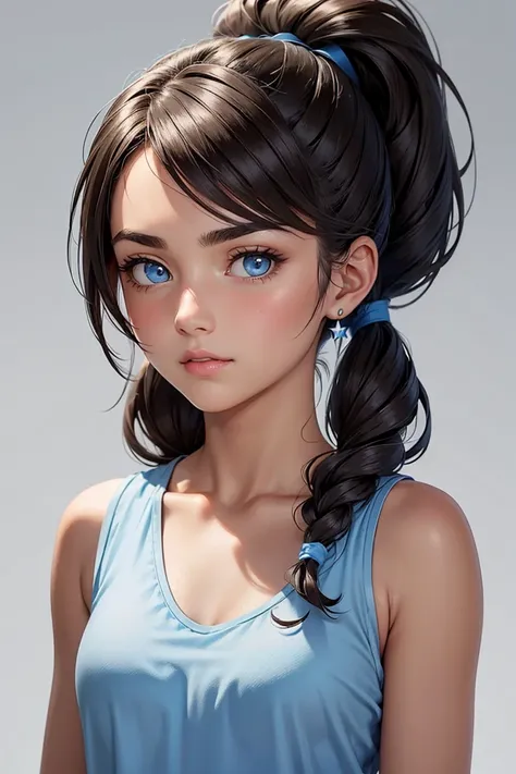 A young woman with striking, light blue eyes and a soft, serene expression. She has long, dark brown hair tied up in a high, loose ponytail, with gentle strands framing her face. Her eyebrows are thick and natural, complementing her delicate features. She ...