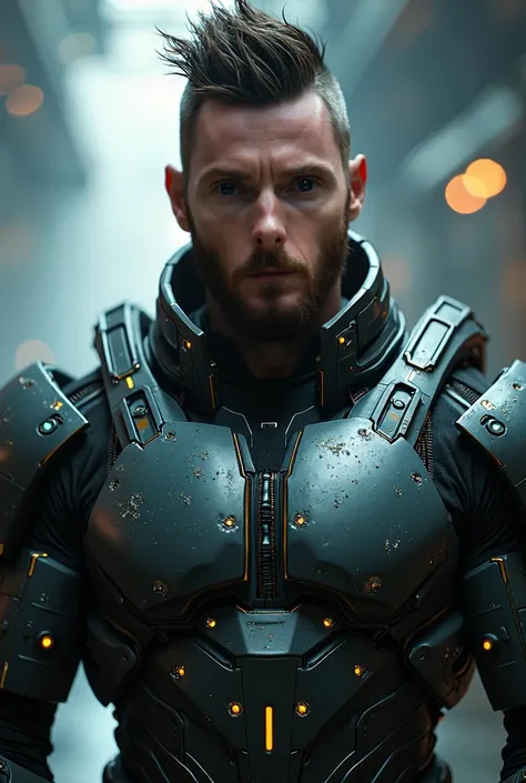 Create a front-view image of a man wearing a futuristic, high-tech nanosuit inspired by the Crysis-style costume. The nanosuit should feature a sleek, muscular design with segmented armor plates, ribbed textures, metallic details, and glowing accents. The ...