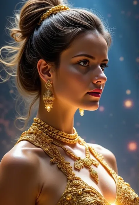 Gorgeous Galactic, A hyper-realistic portrait of a galactic female with glowing skin that shimmers with the colors of the cosmos, adorned with intricate golden ornaments and celestial jewelry. Her body is marked with luminescent runes that pulse faintly, c...