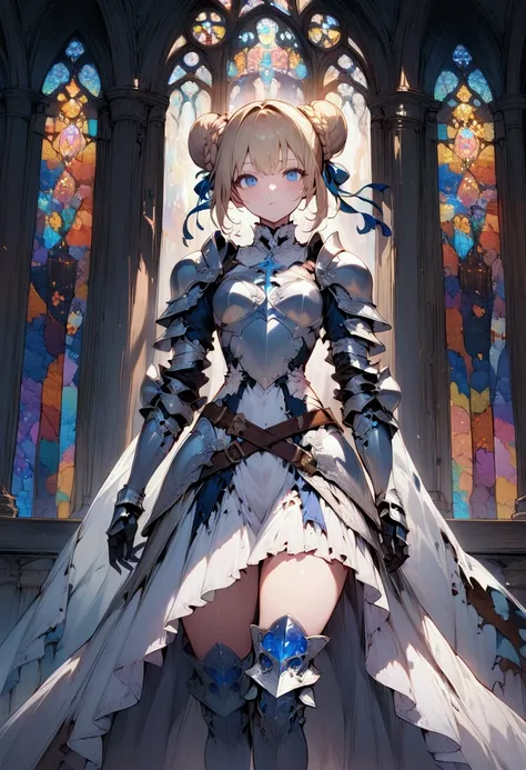 (masterpiece),(best quality),(ultra-detailed),(best illustration),(best shadow),(detailed background), 1girl, white-armor, blonde-hair, blue-eyes, armored-dress, hair-bun, braid, solo, dress, gauntlets boots, cross, knight, stained-glass, skirt. single-hai...