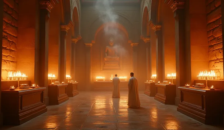 "Inside an ancient temple, golden altars and burning incense fill the room. Light from oil lamps casts warm glows on the stone walls, and priests in white robes perform a sacred ritual. The atmosphere is sacred and filled with respect. Foto realista, —ar 1...