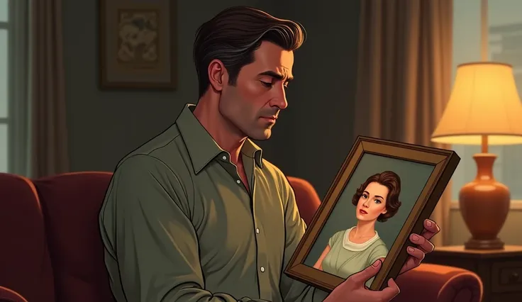 ilustration: A 40-year-old man with brown hair, sitting in his living room, looking intently at a portrait of a woman.