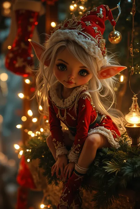 ((masterpiece)) ((photography)) ((Highest quality)) A whimsical and enchanting female elf perched delicately on a high shelf. She has a playful and mischievous expression, with long pointed ears, shimmering green eyes, and flowing silvery hair. Her outfit ...