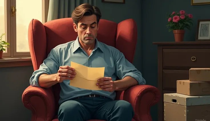 ilustation:A 40-year-old man with brown hair is sitting in an armchair in his room with a box of letters in his hand. He is reading a letter and his gaze is sad.