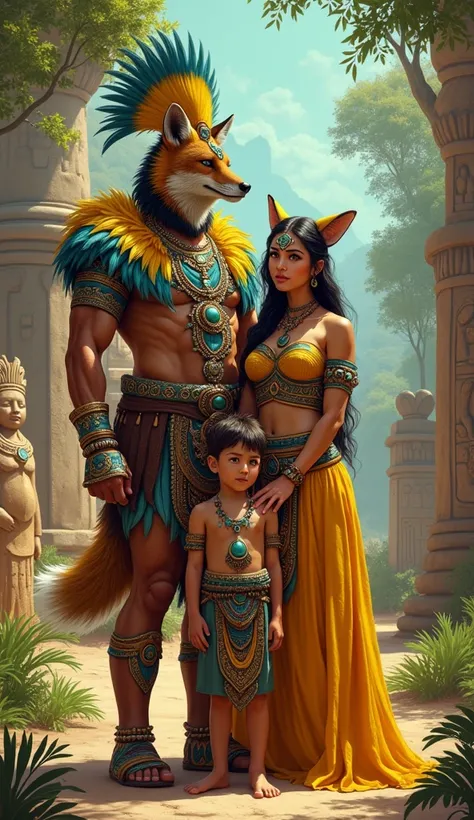 A family portrait in a pre-Hispanic Aztec setting, featuring a father, mother, and son. The father is a powerful Aztec warrior with the head of an fox, representing an guerrero quetzal, dressed in traditional Aztec battle attire with vibrant yellow and blu...