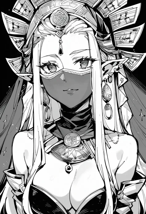 score_9, score_8_up, score_7_up,1girl, fortune teller, solo, female, looking at viewer, pointy ears, jewelry, long hair, earrings, white hair, veil, hair ornaments, nice detailing ,manga, monochrome ron_1