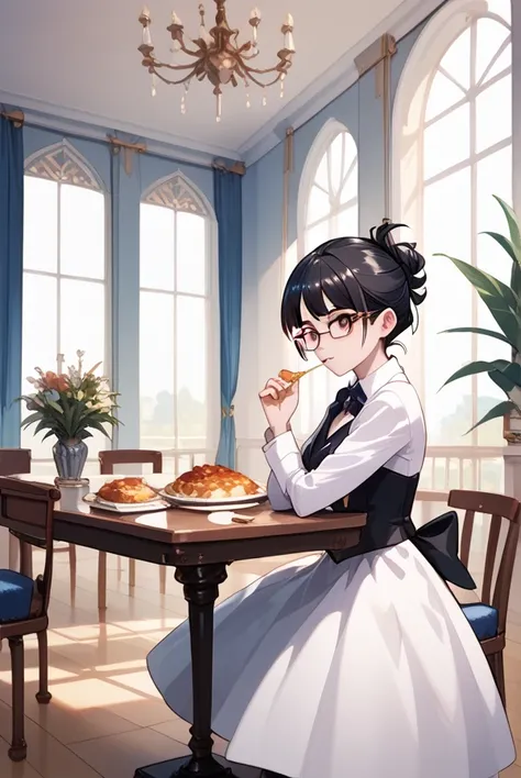 Black hair, glasses, formal clothes, table, stollen on the table, girl eating stollen