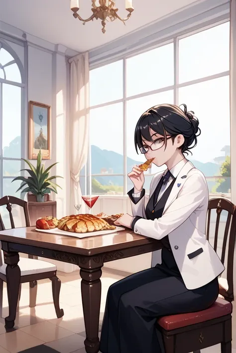 Black hair, glasses, formal clothes, table, stollen on the table, girl eating stollen