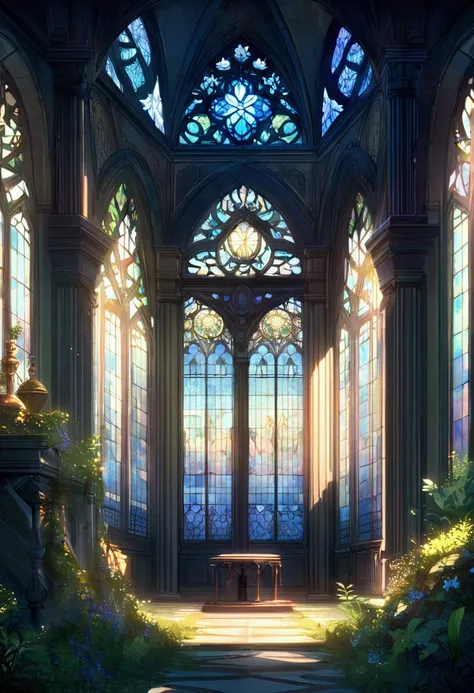 Large (baroque church), intricate architecture, ornate detailing, (blue stained glass windows), exquisite patterns, nature reclaiming the space, lush greenery enveloping the stone, soft sunlight filtering through, (atmospheric) scene, (tranquil) ambiance, ...