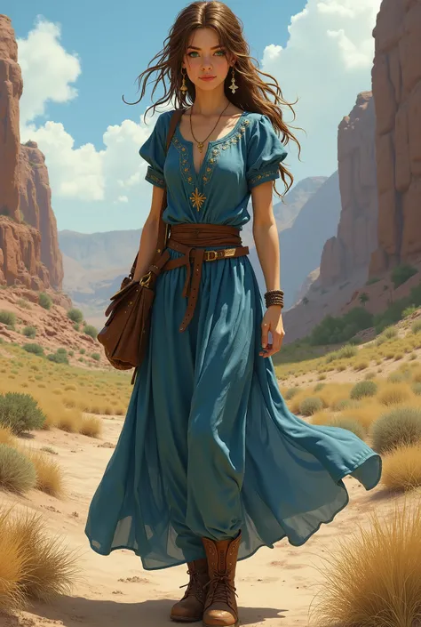  I would like a full body image of a young adult woman,   brown hair tied with locks on the front of the face  ,   green eyes  ,  Gold earrings on the ears , a simple blue dress adorned with boots , realistic,   The character must be styled in a fantasy RP...