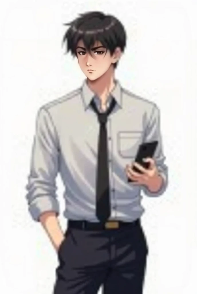 anime man, light gray shirt, loose black tie, black trousers, with confident posture, phone in hand, looking at the phone, on a white background, good quality