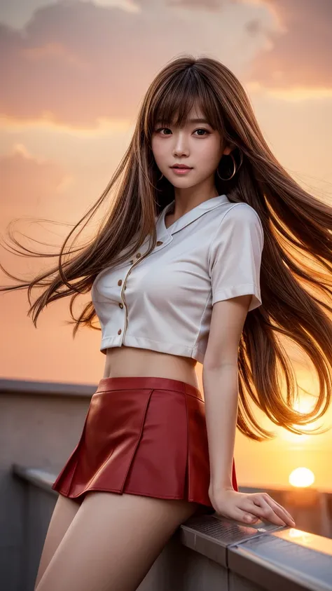  beautiful detailed portrait of a lovely young Japanese woman in uniform on a bright red sunset rooftop,well-proportion, Long Hair Fluttering in the Wind ,  super short micro mini skirt , Small smile with glossy lips ,  large brown eyes with double eyelids...