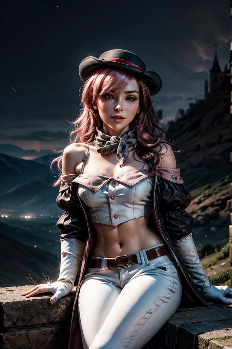 pink and brown hair, multicolored hair, neopolitanatlas, bowler hat, grey scarf, white gloves, white shirt, off-shoulder shirt, black sleeves, midriff, white belt, white pants, smile, nighttime, stars, sitting in castle ruins on a hill, waterfall in the ba...