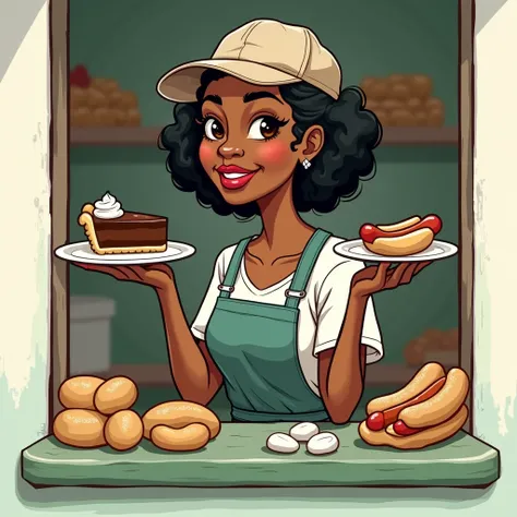  a black woman , wearing a cap ,  apron she is holding a piece of chocolate pie on a plate with one hand and a hot dog on another plate with the other hand,  and this woman is inside a vendine /mercearia . in cartoon, obs: a mercearia  deve ser pequena e s...