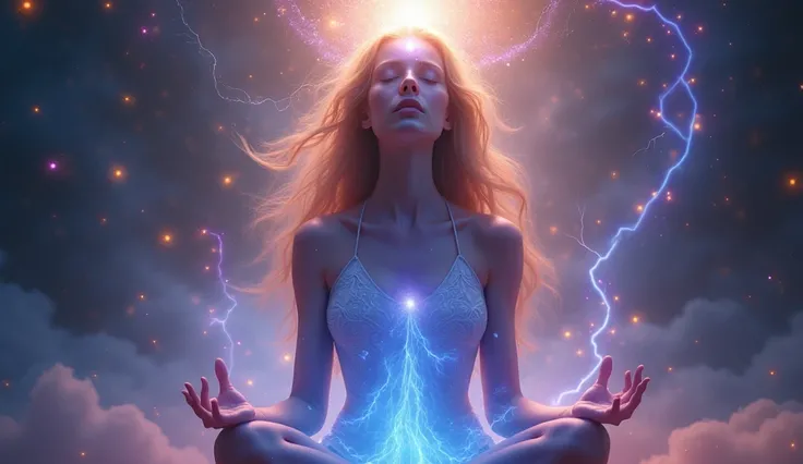 An image of a woman with her eyes closed, depicting a meditative state. A glowing light is emitting from her forehead, symbolizing the activation of the third eye chakra. Blue and purple electric energy flows from her throat, representing the throat chakra...