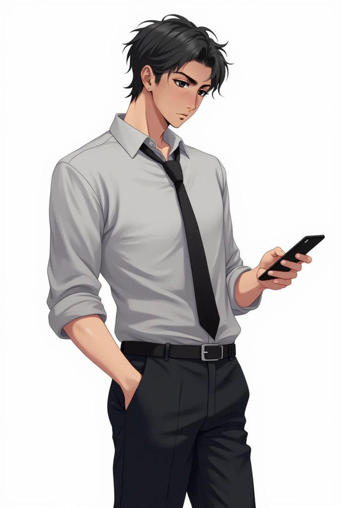 anime man, light gray shirt, loose black tie, black trousers, with confident posture, phone in hand, looking at the phone, on a white background, hight quality